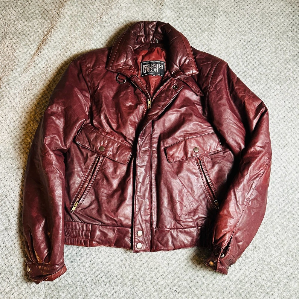 Vintage Retro LEATHER LOFT Maroon Red Bomber Jacket Men's M/L Puff Collar